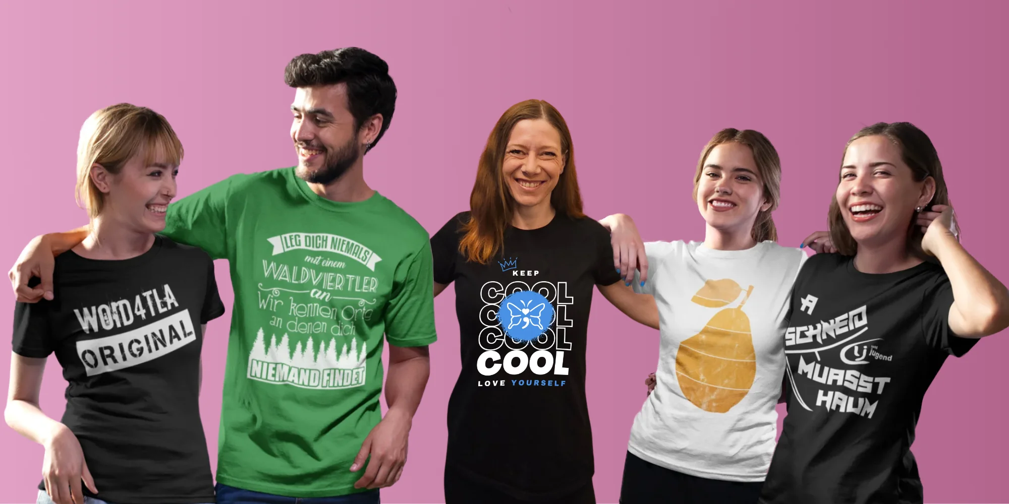 Bild mit Waldviertler:innen, Mostviertlerin, Landjugendliche und Karina Lasselsberger mit unterschiedlichen Designs von der Leiberlwerkstatt